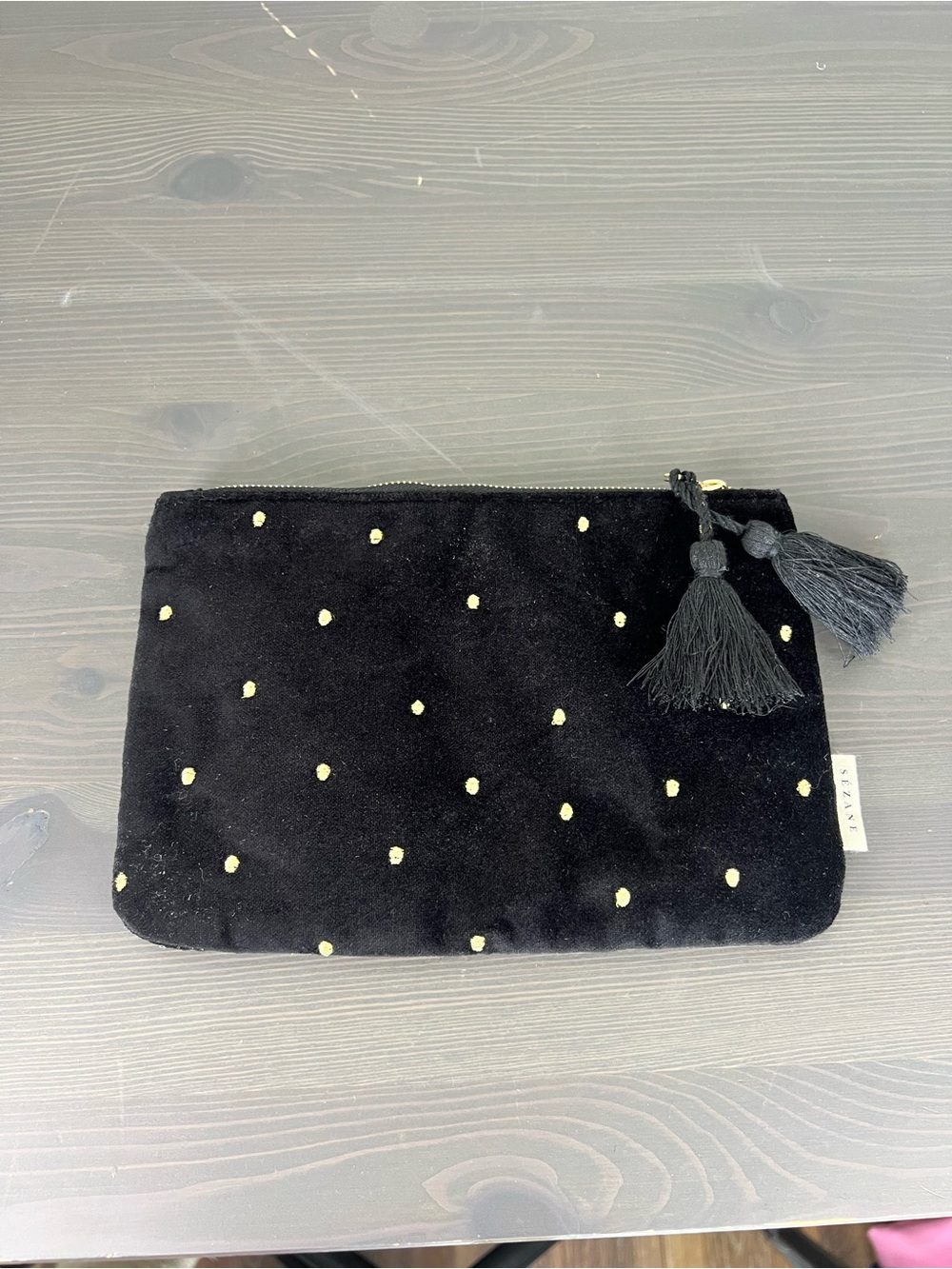 Sézane Black Velvet Gold Polka Dot Tassel Cosmetic Pouch